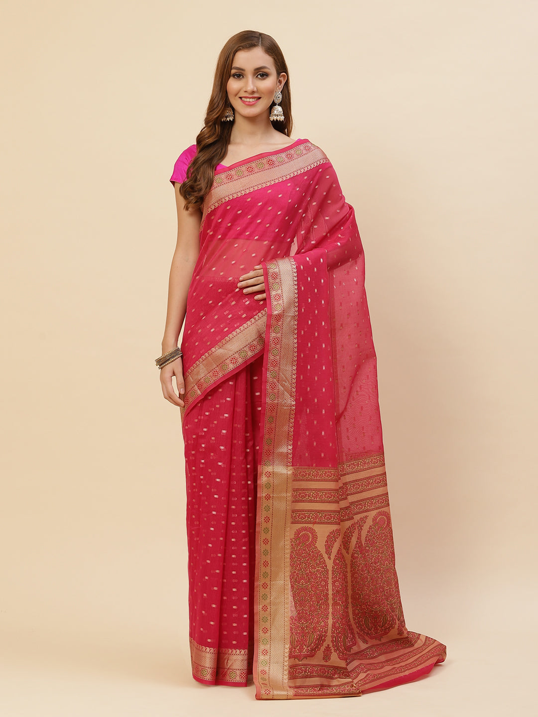 Zari Border Booti Printed Cotton Saree