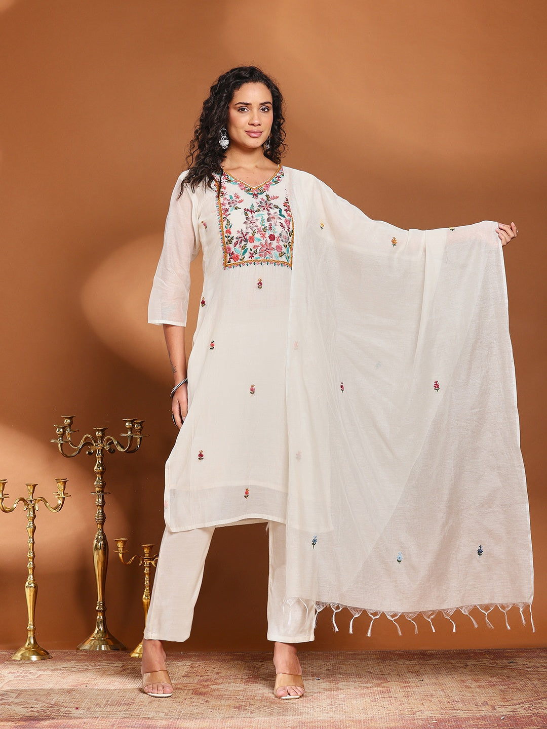Embroidered Cotton Blend Kurta With Pant &amp; Dupatta
