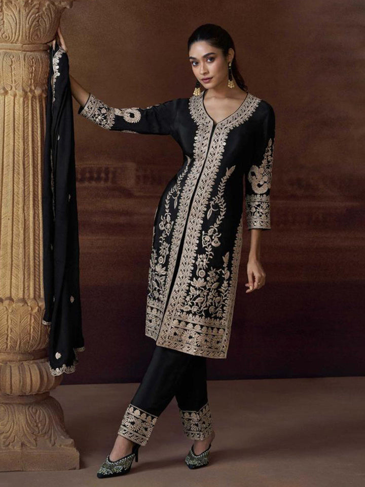 Embroidered Chinon Suit With Pant &amp; Dupatta