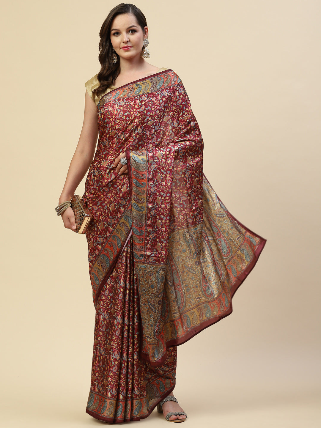 Floral Printed Satin Saree
