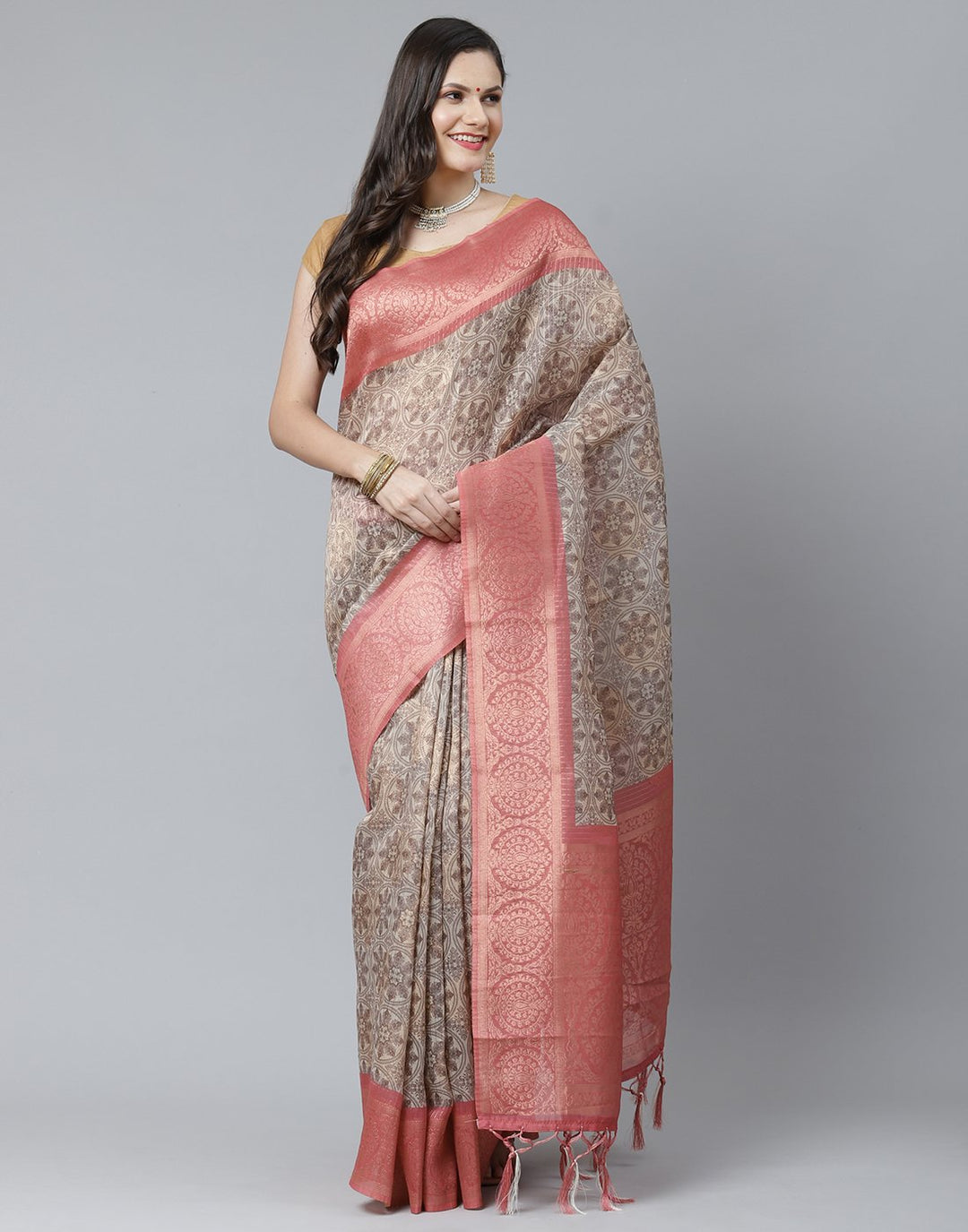 Floral Print With Contrast Border Cotton Chanderi Saree