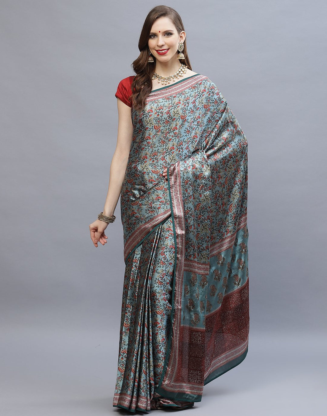 Satin Printed Saree  With Stone Border