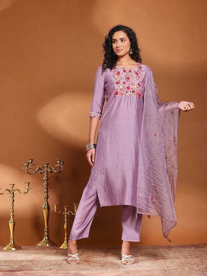 Lavender Cotton Blend Embroidered A Line Suit Set