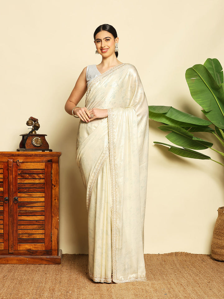 Floral Printed &amp; Embellished Work Tissue Saree