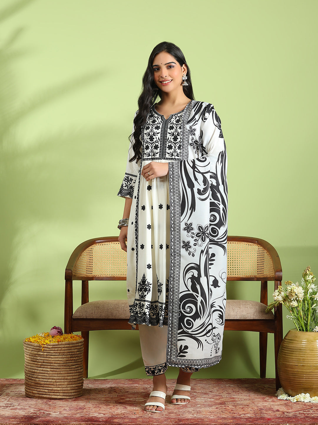 Embroidered Cotton Kurta With Pant &amp; Dupatta