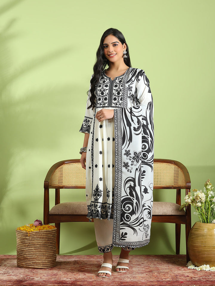 Embroidered Cotton Kurta With Pant &amp; Dupatta