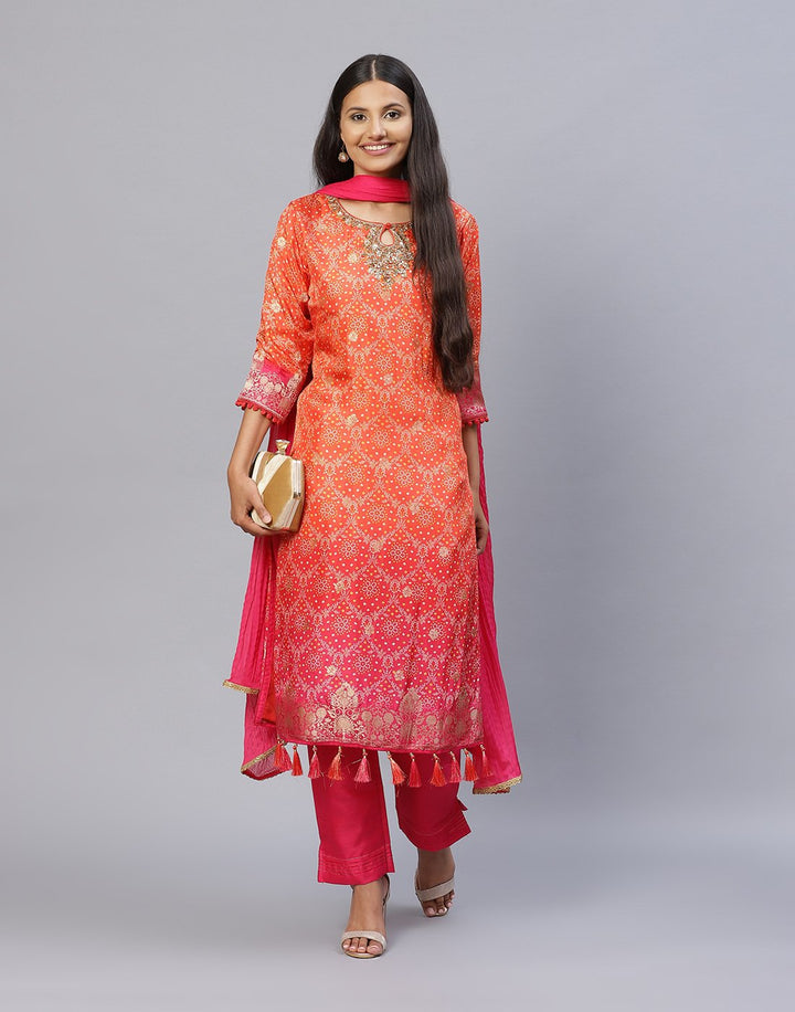 Orange  and Pink Straight Stitched Suit Salwar Kameez