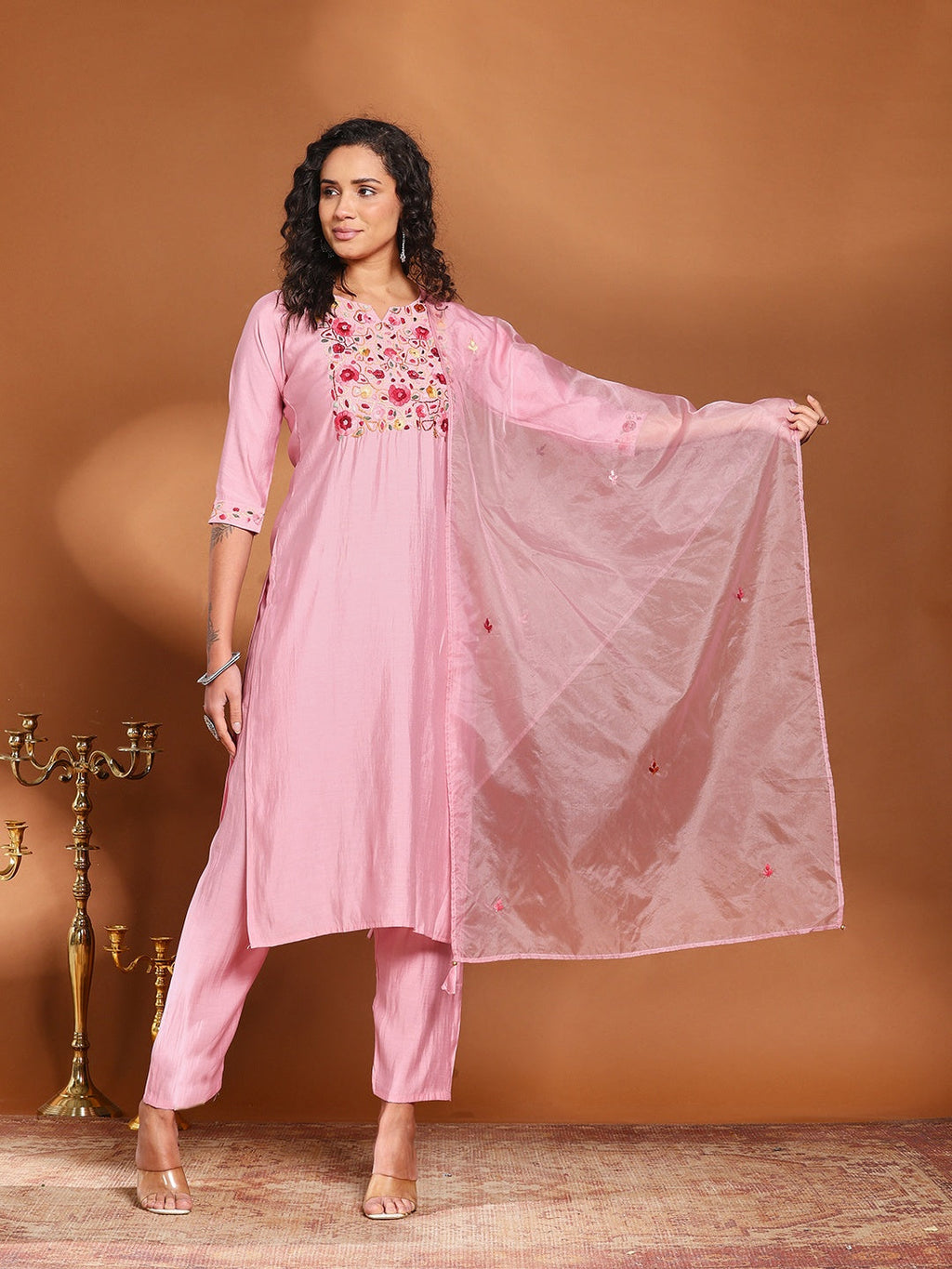 Pink Cotton Blend Embroidered A Line Suit Set