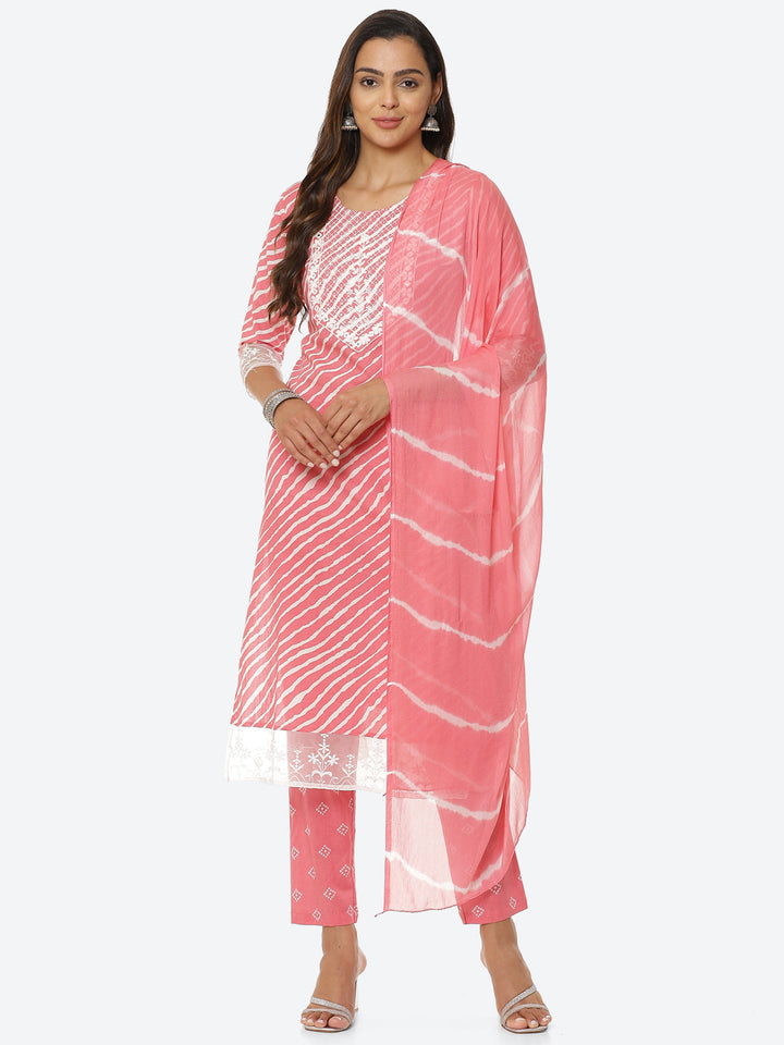 Printed Cotton Kurta With Pant &amp; Chiffon Dupatta