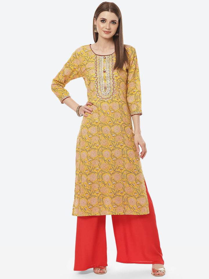 Printed Neck Embroidered Cotton Kurti