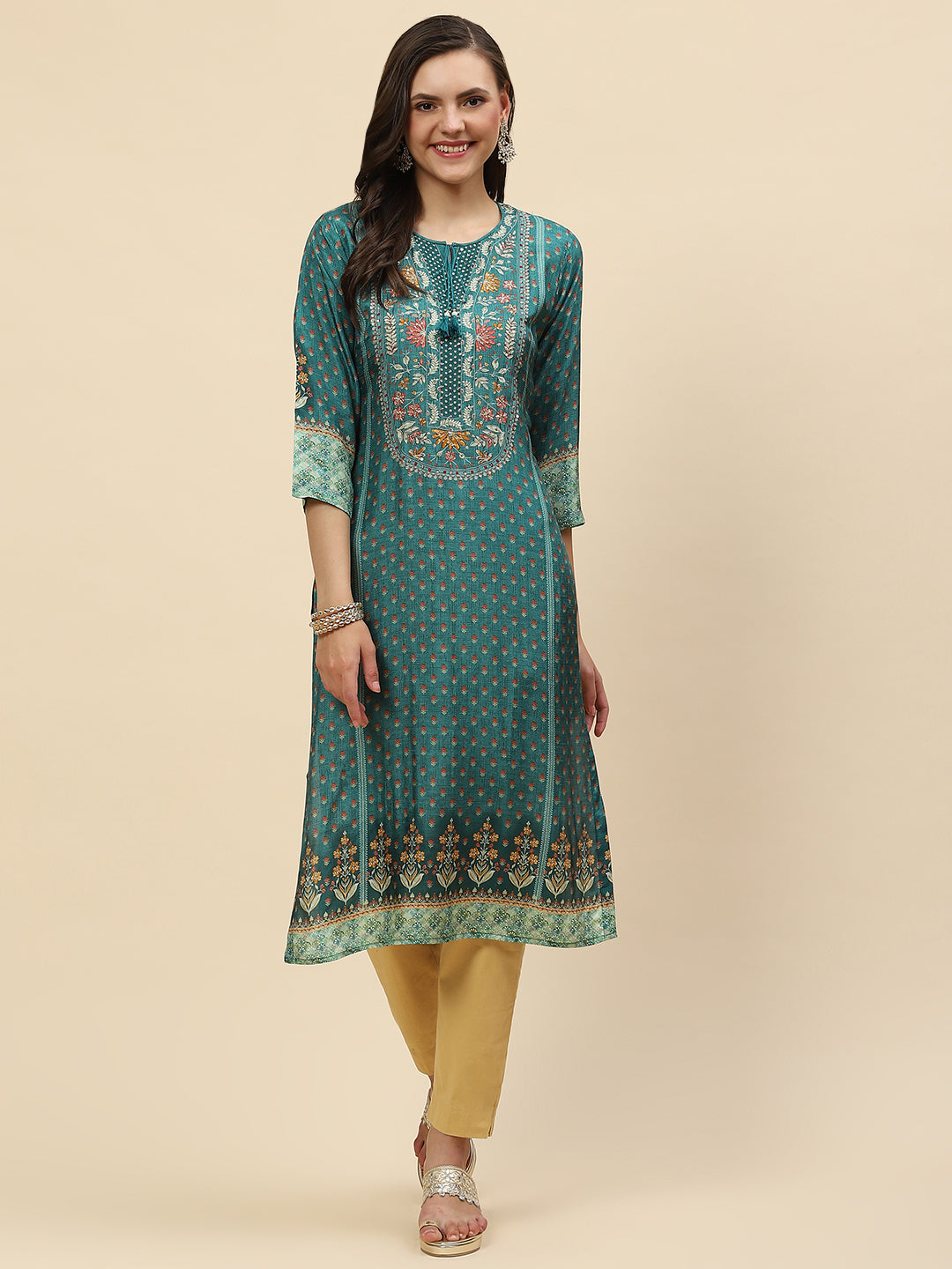 Neck Embroidered &amp; Printed Handloom Kurta