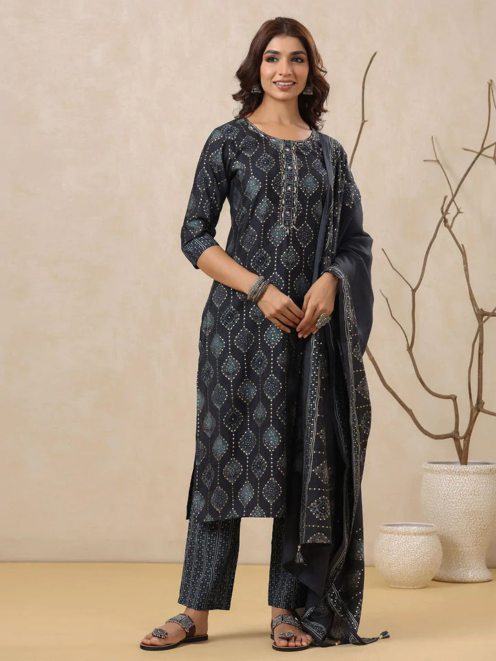 Block Printed Muslin Kurta With Pants &amp; Dupatta