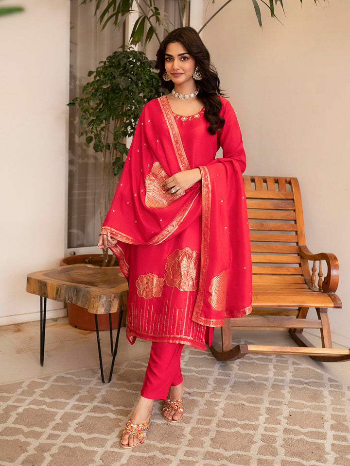 Woven Design Silk Kurta With Pant &amp; Dupatta