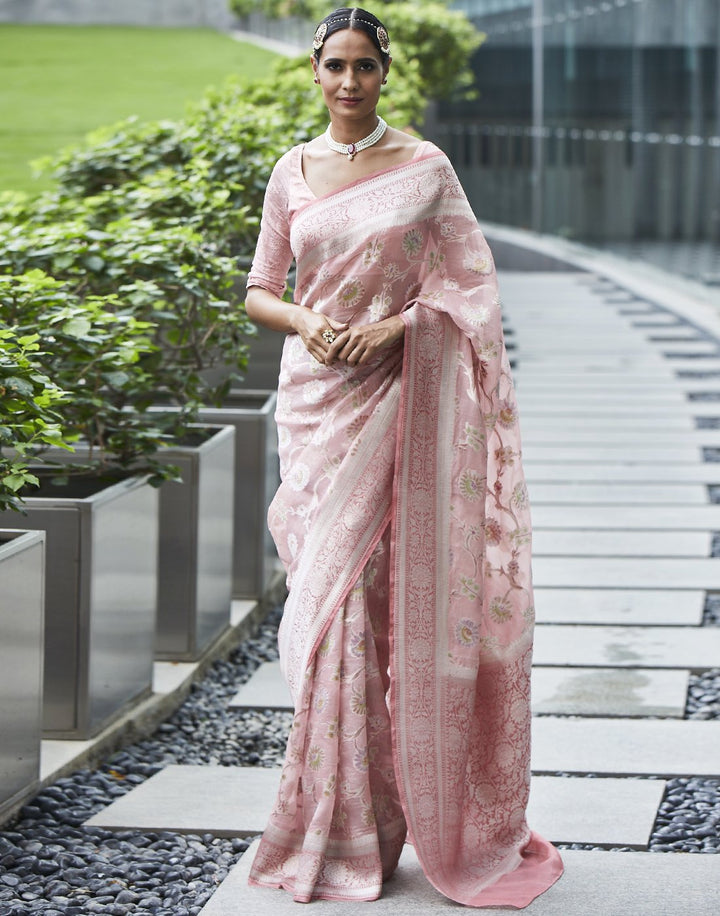 Floral Silver Jaal Banarasi Kora  Saree