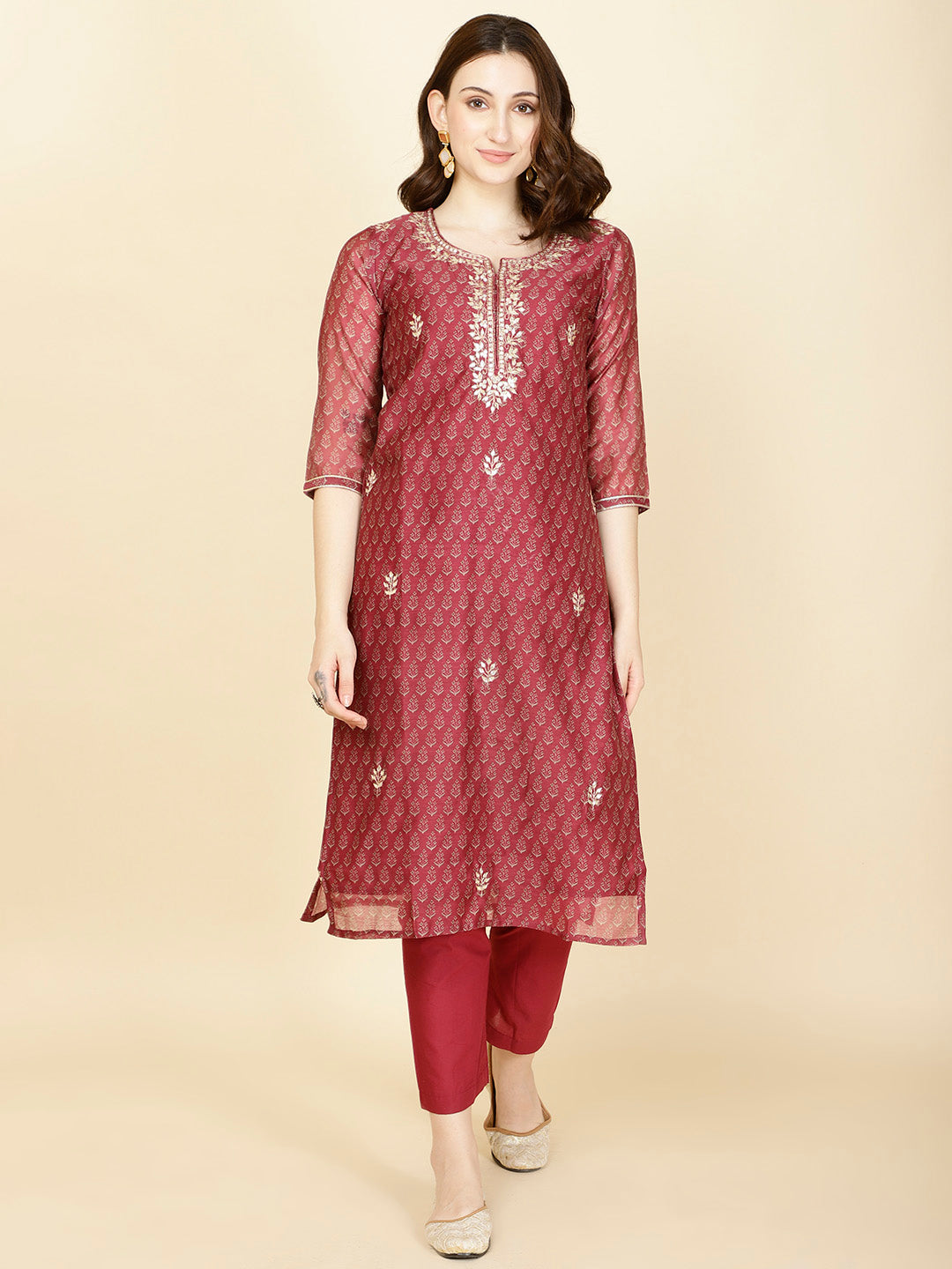Floral Printed Chanderi Kurta With Pants