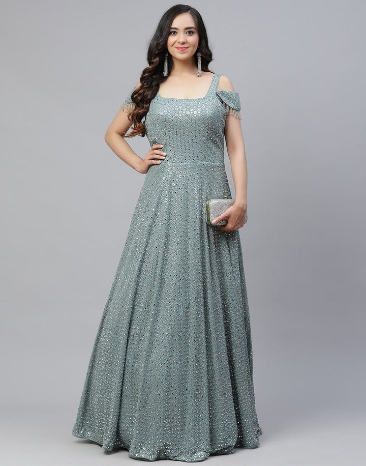 Dusty Green Georgette Long Dress
