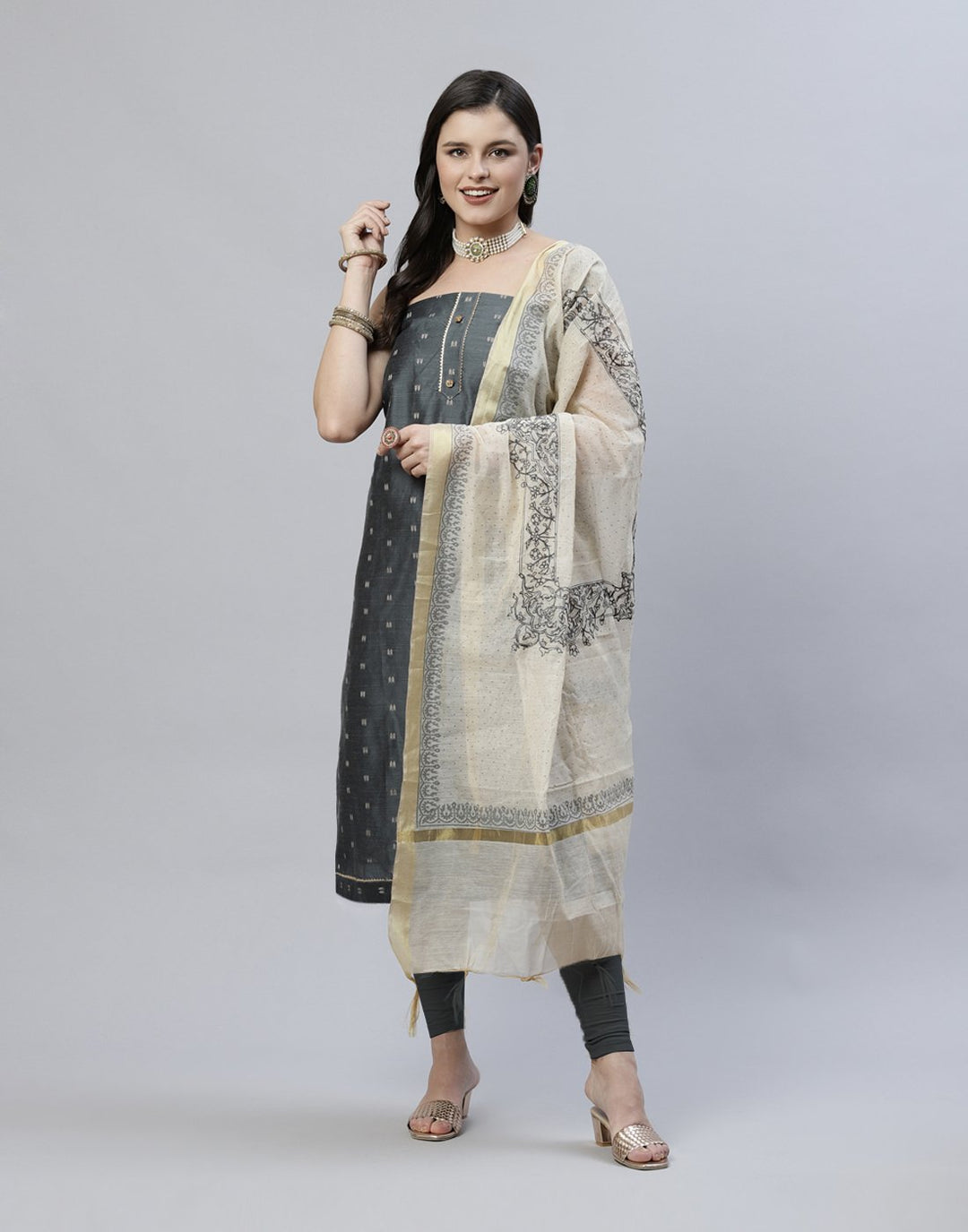 Printed Chanderi Suit Piece With Embroidered Dupatta