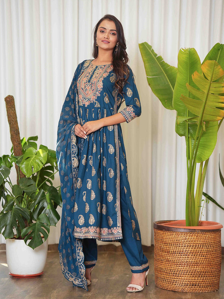 Zari Booti &amp; Paisley Printed Kurta With Pants &amp; Dupatta