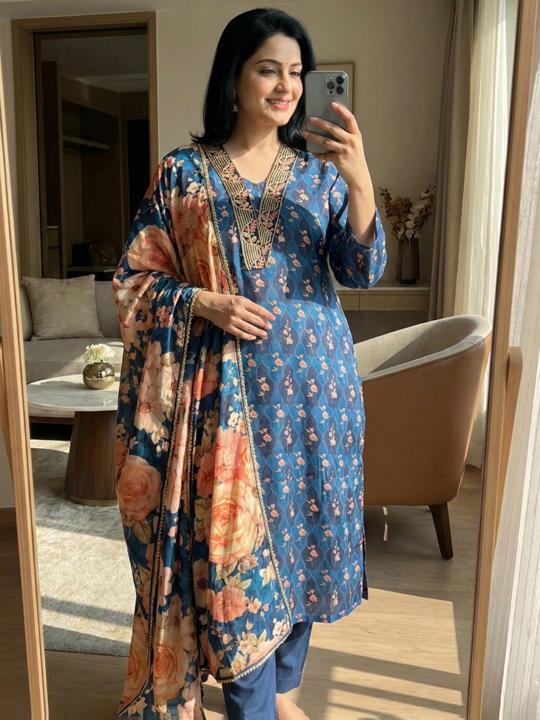 Printed Cotton Blend Kurta With Pant &amp; Dupatta