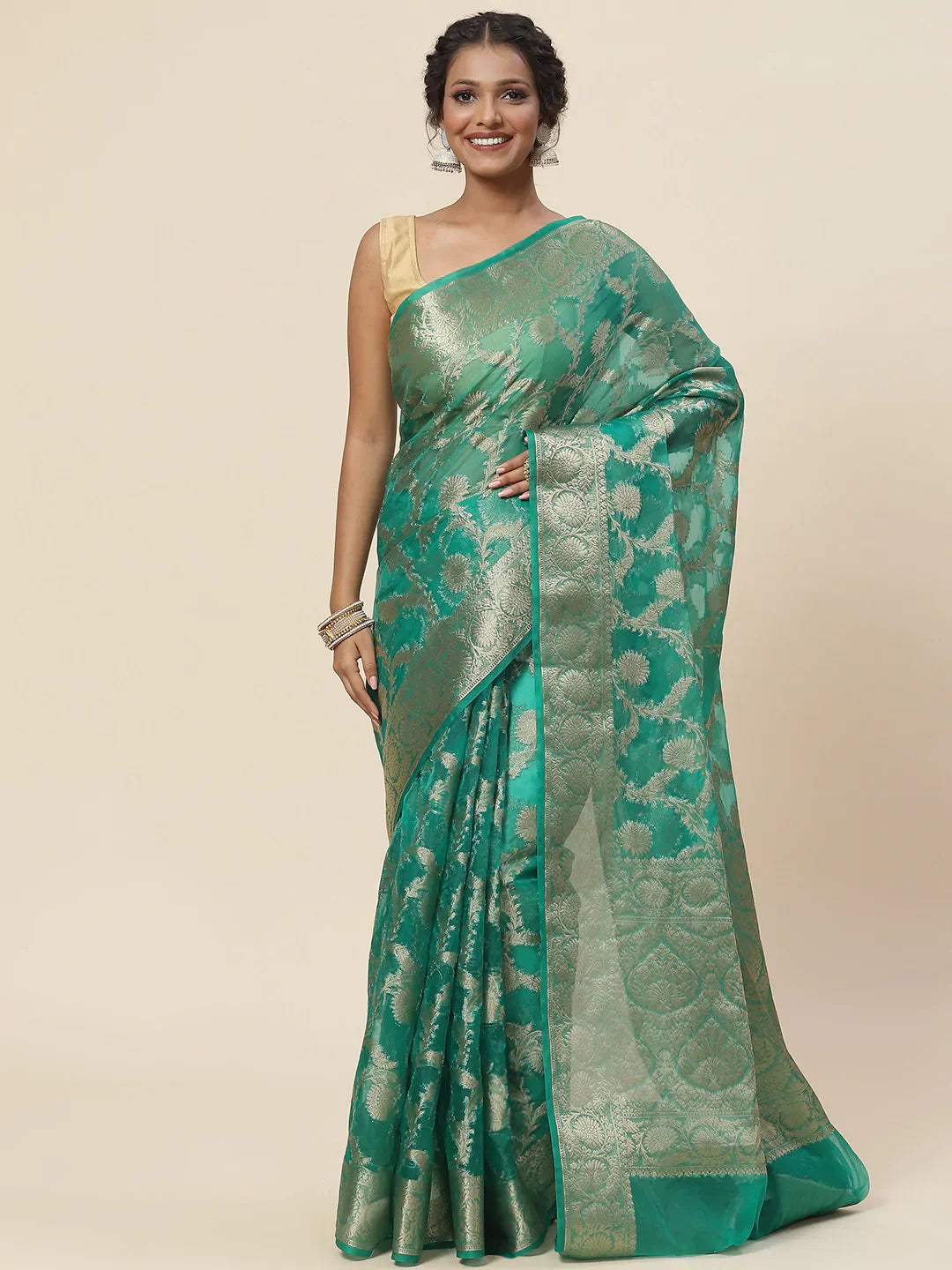 Floral Zari Jaal Organza Plain Saree