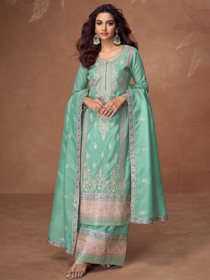 Embroidered Simar Silk Kurta With Plazzo &amp; Dupatta
