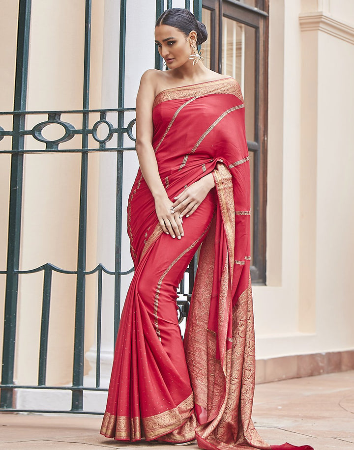 MBZ Meena Bazaar-Red Woven Crepe Saree