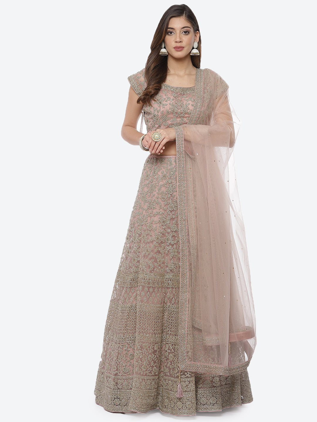 Zari Jaal Net Choli With Lehenga & Net Dupatta