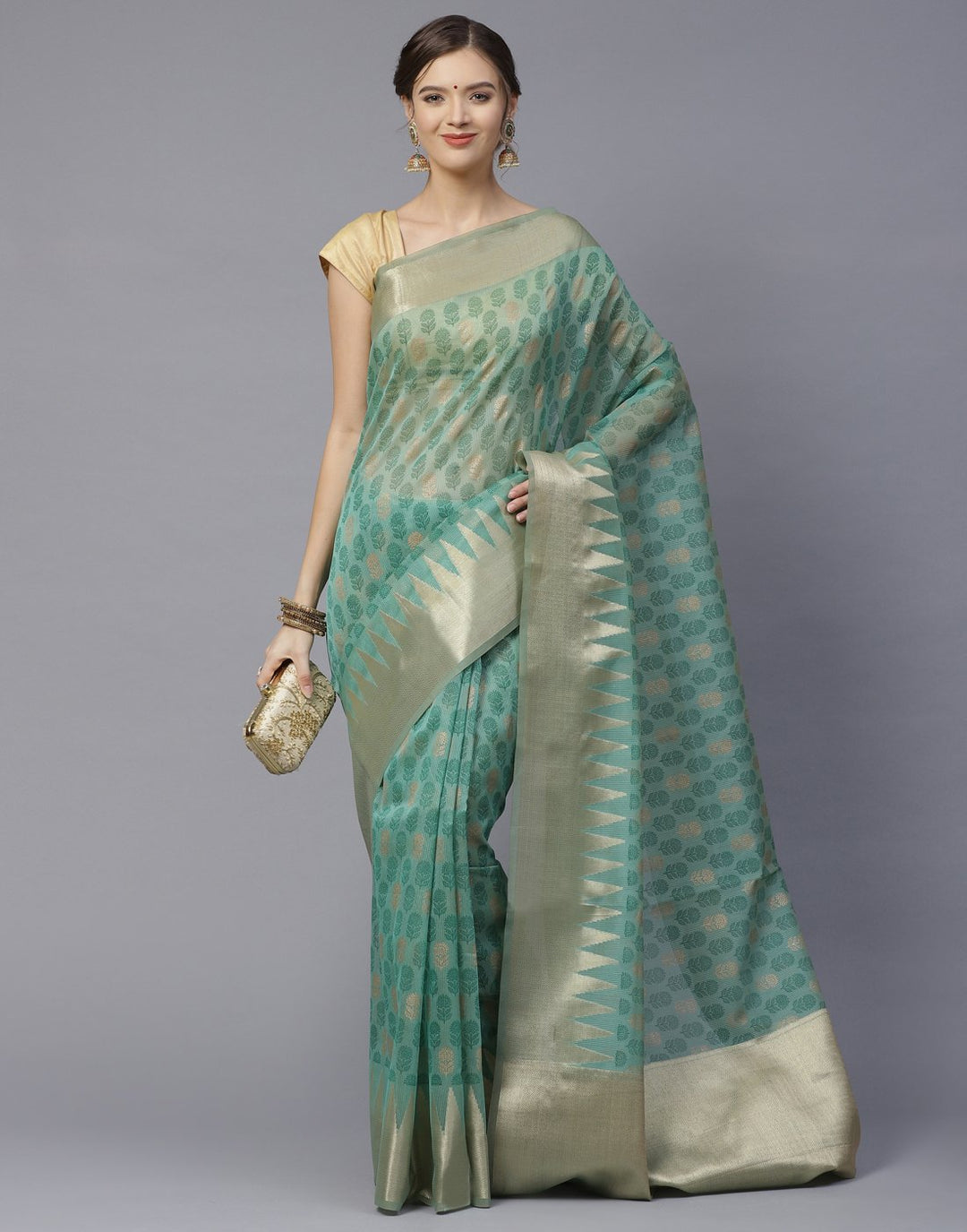 Cotton Printed Super Net Saree with Temple Border