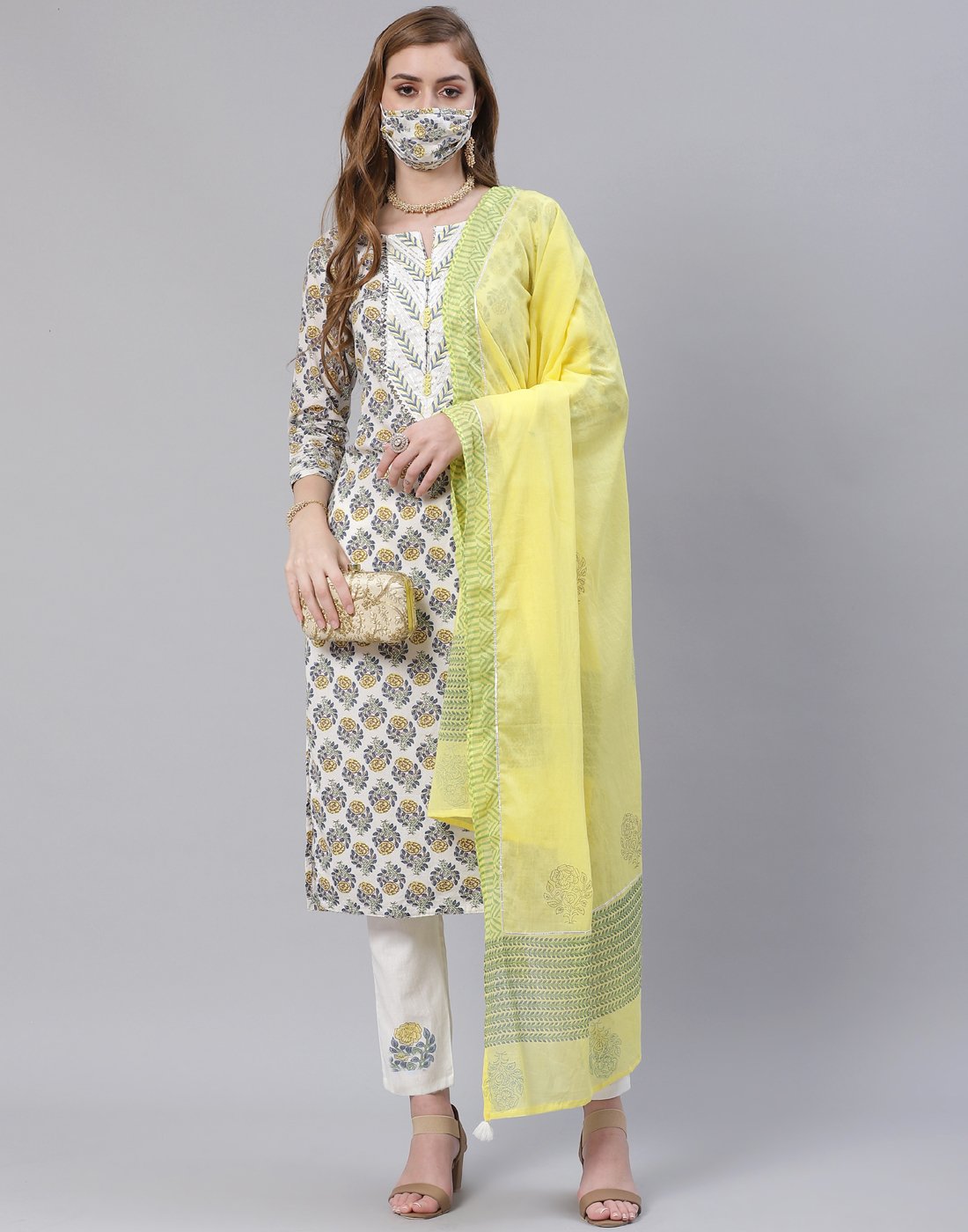 Cream Cotton Salwar Kameez Stitched Suit