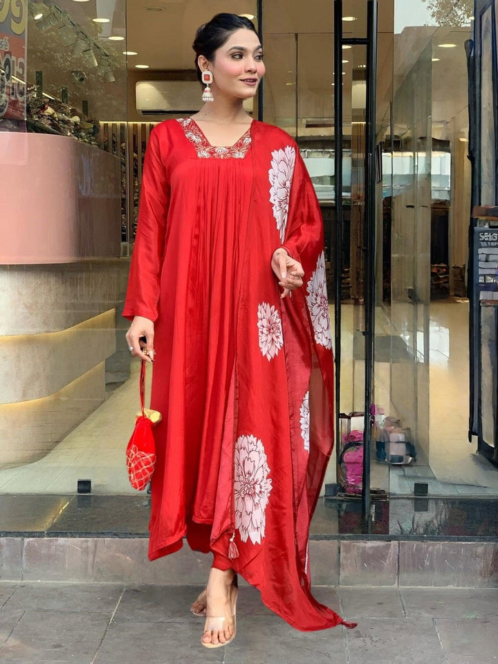 Printed Embroidery Cotton Blend Kurta With Pants &amp; Dupatta