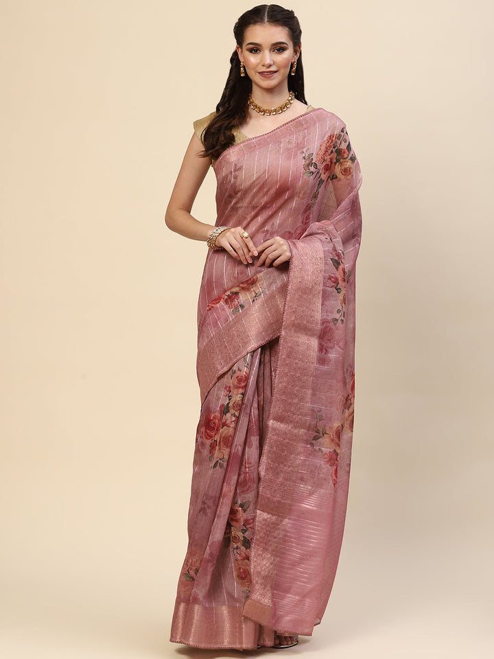 Digital Floral Printed Sequin Cotton Saree