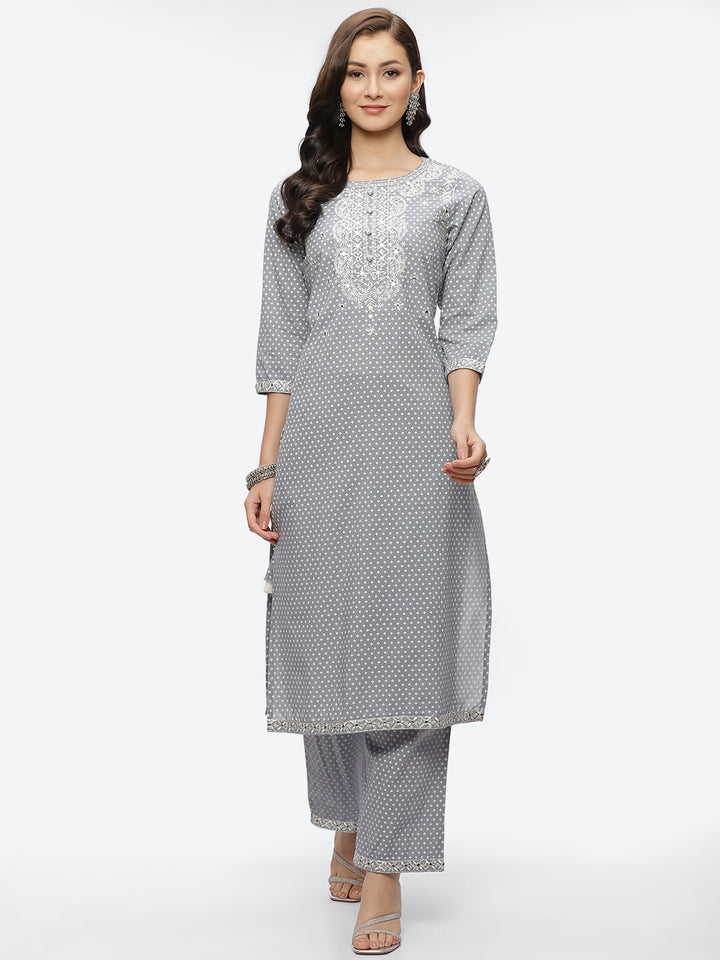 Mirror Neck Embroidered Cotton Kurta With Palazzo