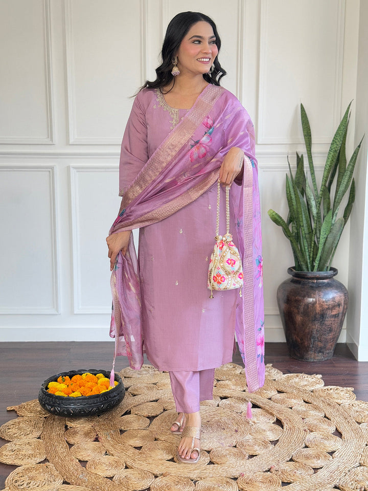 Neck Embroidery Cotton Blend Kurta With Pants &amp; Dupatta