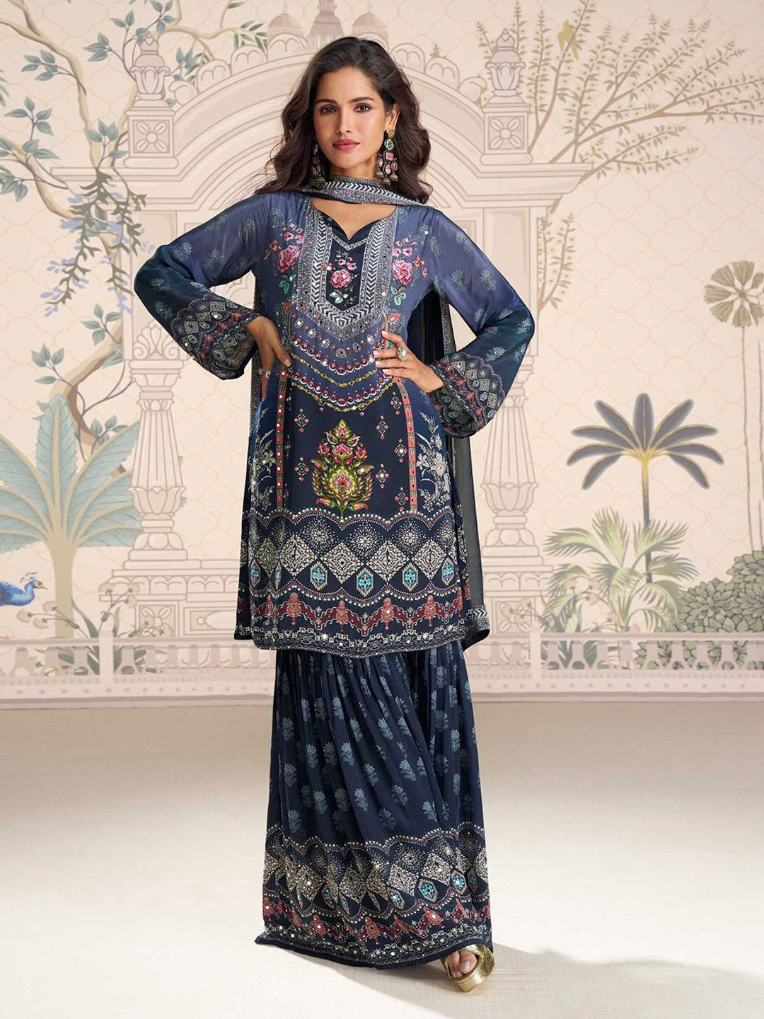 Embroidered Crepe Kurti With Plazzo &amp; Dupatta