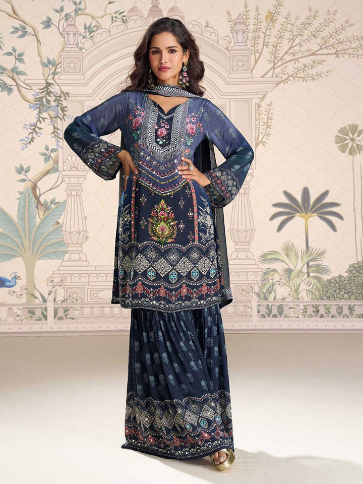 Embroidered Crepe Kurti With Plazzo &amp; Dupatta