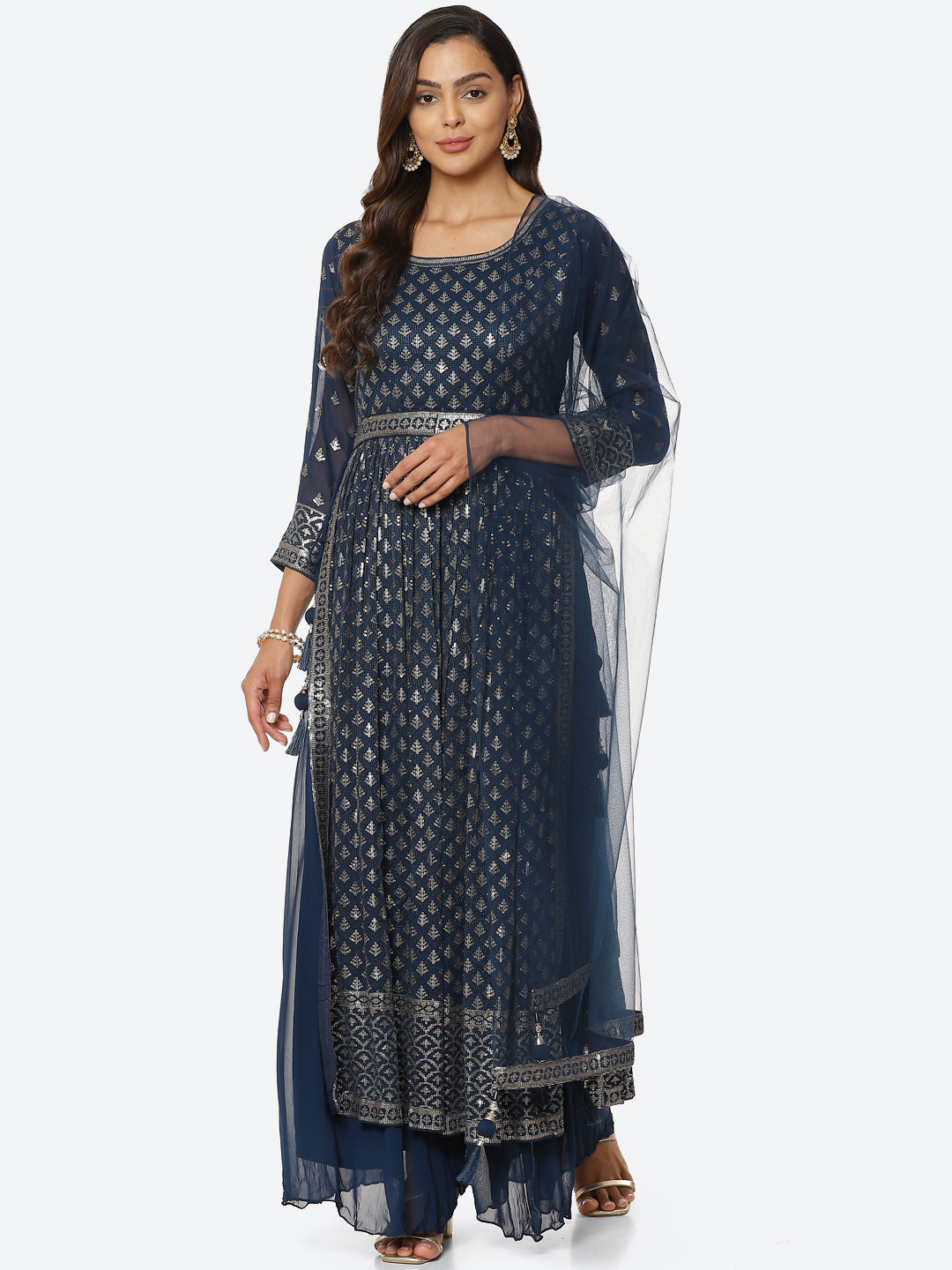 Resham Sequin Booti Georgette Kurta With Palazzo &amp; Dupatta