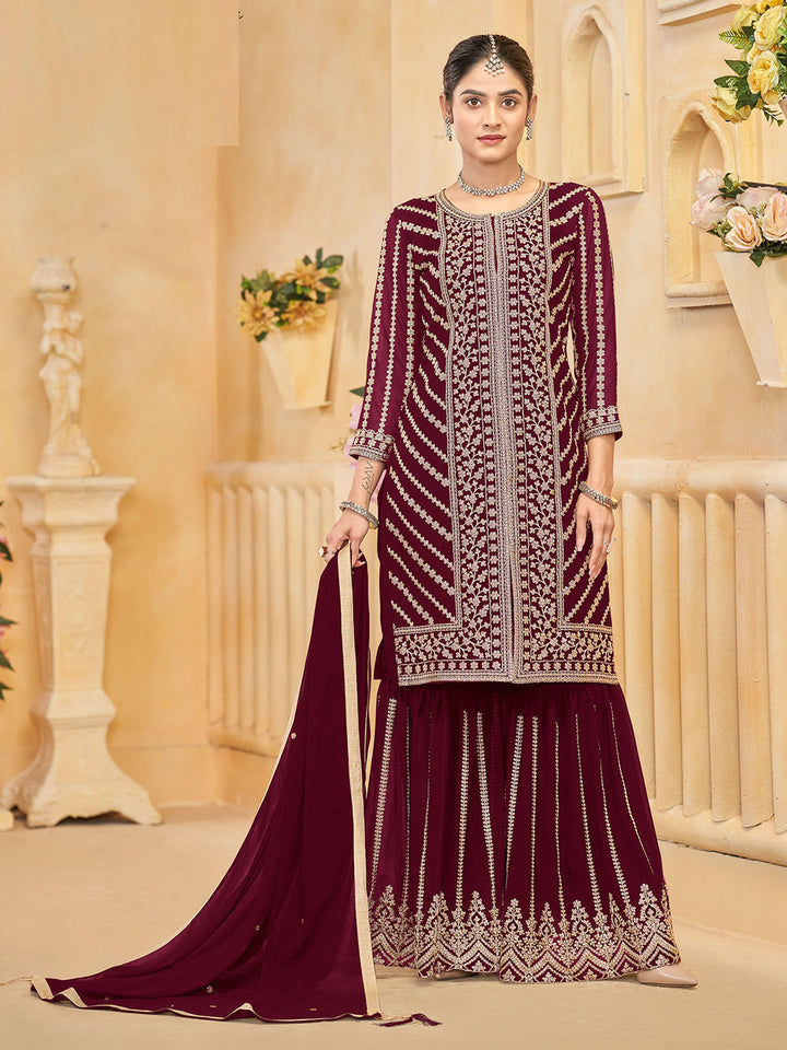 Embroidered Georgette Kurta With Sharara &amp; Dupatta