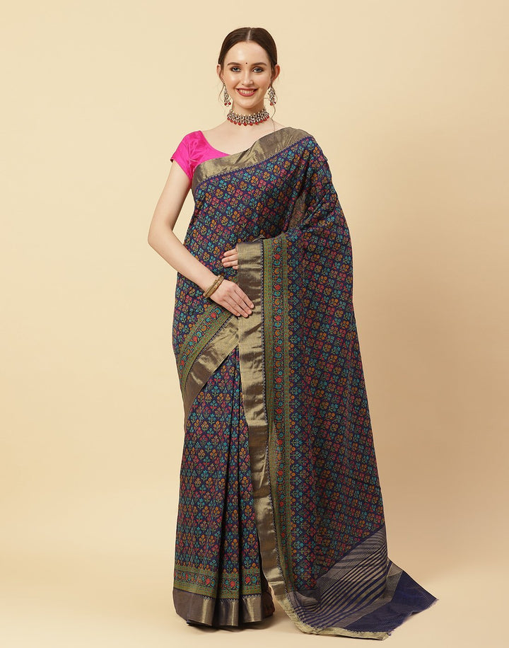Printed Art Handloom Dupion Zari Booti Border Saree