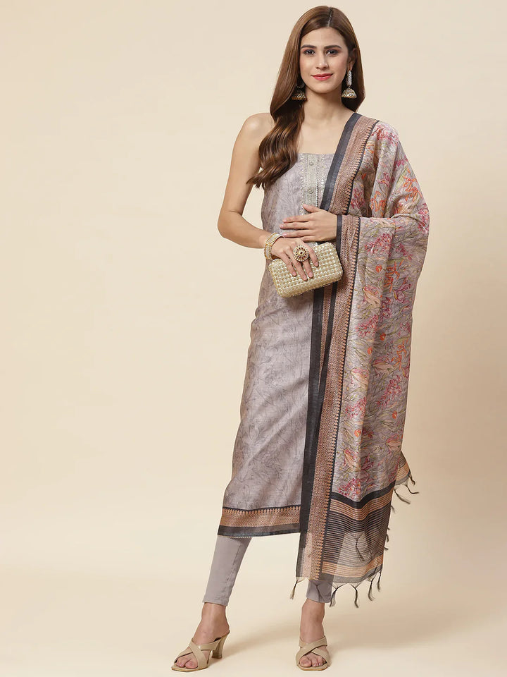 Neck Embroidered &amp; Printed Chanderi Unstitched Suit Piece With Dupatta