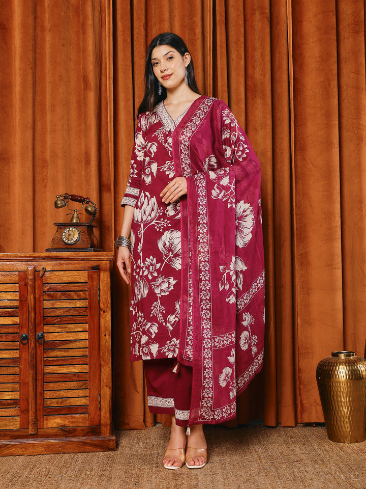 Printed Cotton Blend Kurta With Pants &amp; Dupatta