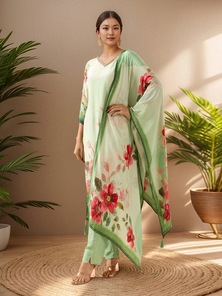 Neck Embroidery Crepe Kurta With Pants &amp; Dupatta