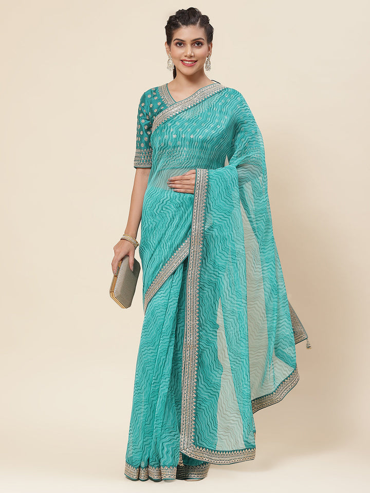Printed &amp; Embroidered Border Organza Saree