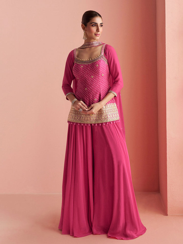 Embroidered Chinon Kurti With Gharara &amp; Dupatta