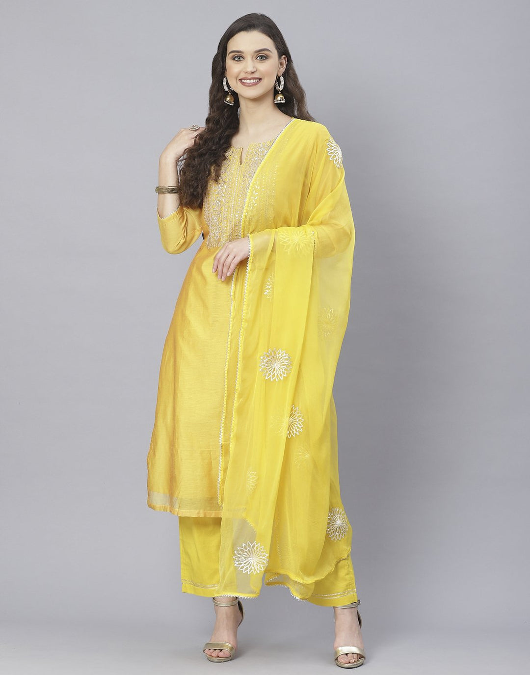 Peach Pink and Yellow Cotton Chanderi Salwar Kameez