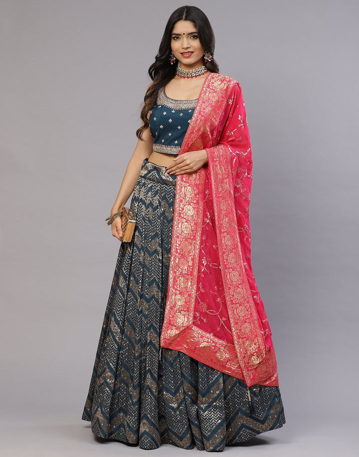 Teal Blue Handloom Dupion Laacha with Contrast dupatta