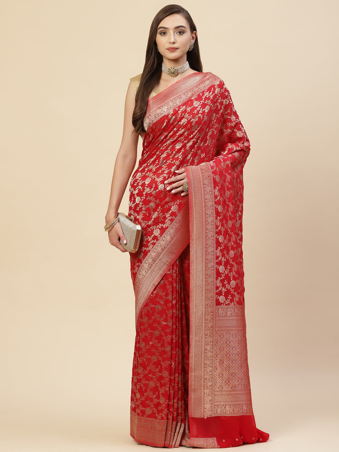 Floral Zari Jaal Georgette Plain Saree
