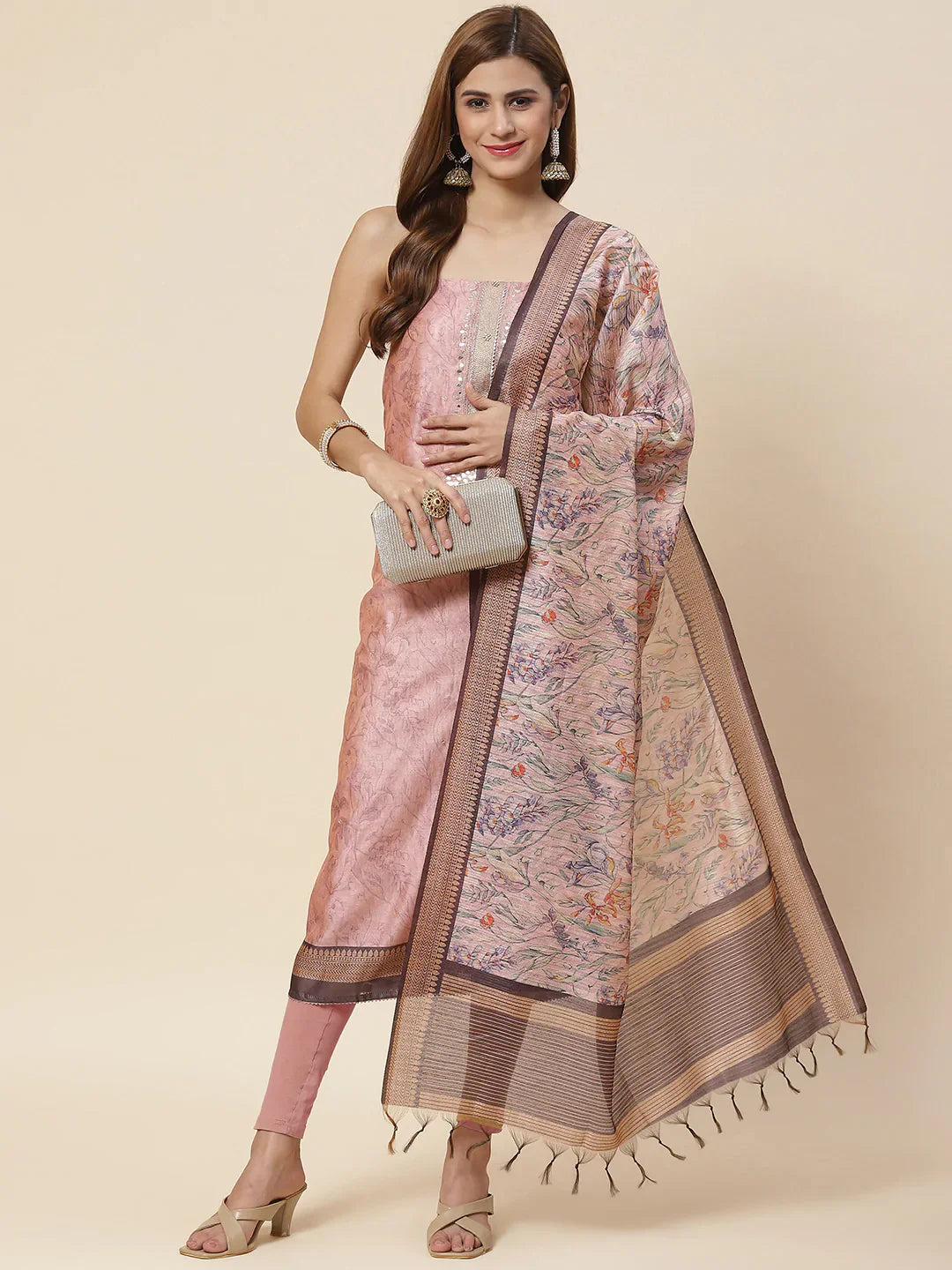 Neck Embroidered &amp; Printed Chanderi Unstitched Suit Piece With Dupatta