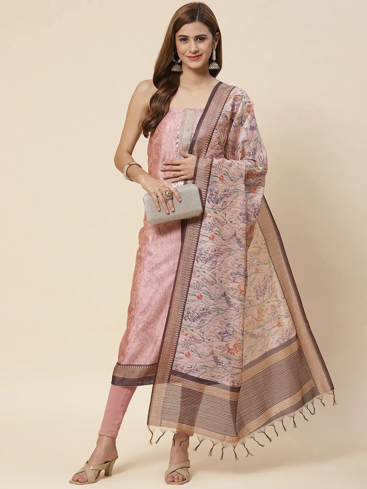Neck Embroidered &amp; Printed Chanderi Unstitched Suit Piece With Dupatta