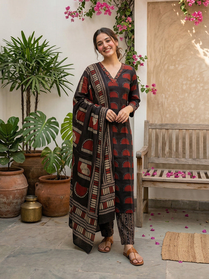 Black Cotton Blend Embroidered Straight Suit Set
