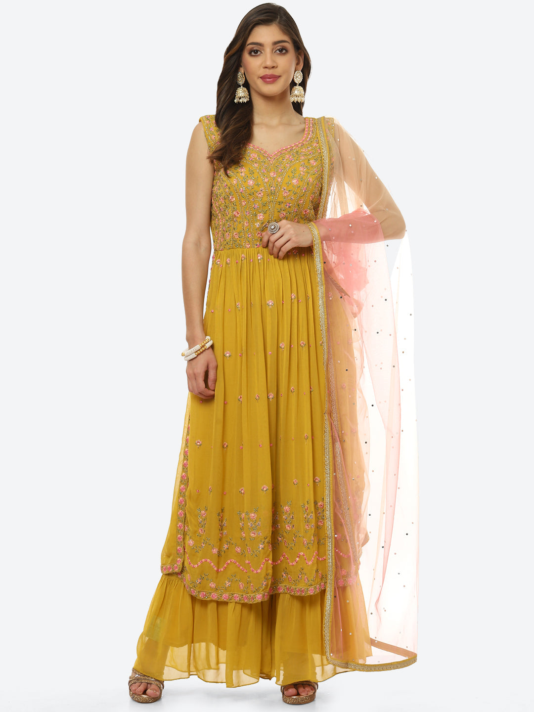 Resham Booti Georgette Anarkali With Sharara &amp; Net Dupatta
